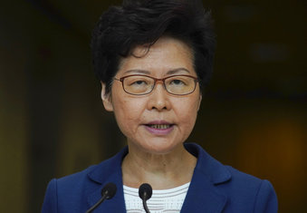 Hong Kong Chief Executive Carrie Lam speaks during a press conference in Hong Kong, Tuesday, Oct. 8, 2019. (AP Photo/Vincent Yu
