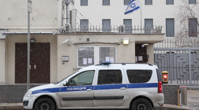 A police car sits outside the shuttered embassy of Israel in Moscow, Oct. 30, 2019. (Gavriil Grigorov/Getty Images)