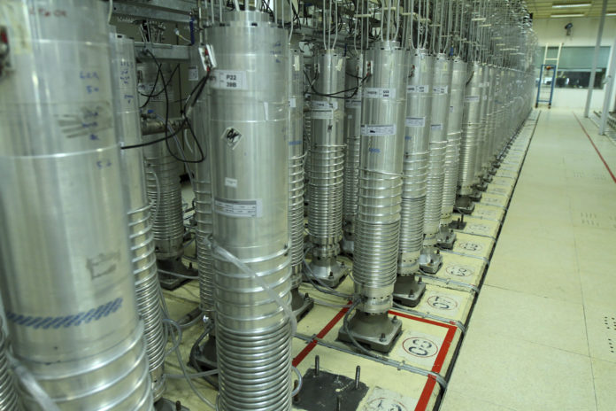 This photo released on Tuesday, Nov. 5, 2019 by the Atomic Energy Organization of Iran shows centrifuge machines in Natanz uranium enrichment facility in central Iran. Iran announced on Monday that had started gas injection into a 30-machine cascade of advanced IR-6 centrifuges in Natanz complex. (Atomic Energy Organization of Iran via AP)