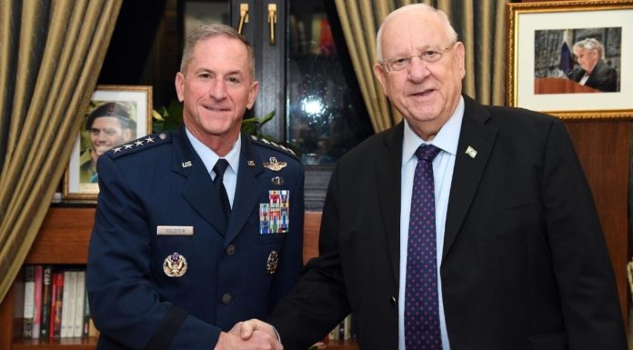 Israel's President Reuven Rivlin and chief of staff of the U.S. Air Force, David Goldfein, meet in Jerusalem on Nov. 14, 2019. (Haim Zach/GPO)