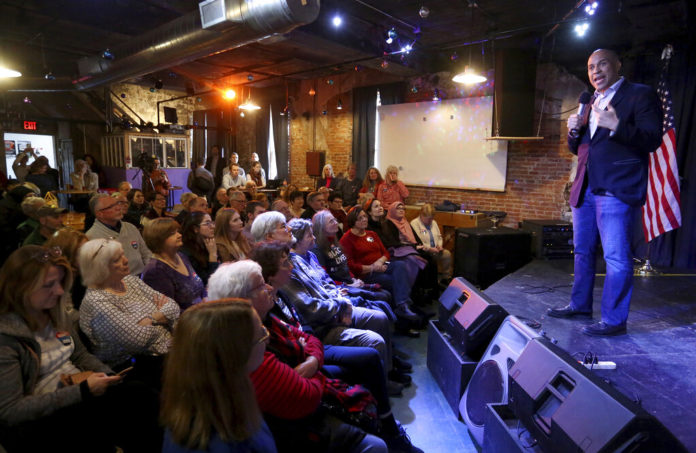 Democratic presidential candidate Sen. Cory Booker, D-N.J., speaks during an event at Smokestack in Dubuque, Iowa, on Sunday, Dec. 8, 2019. (Jessica Reilly/Telegraph Herald via AP)