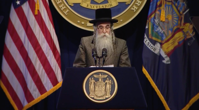 Rabbi Chaim Rottenberg speaking at the New York State of the State address in Albany, N.Y., Jan. 8, 2020. (13 WHAM ABC)