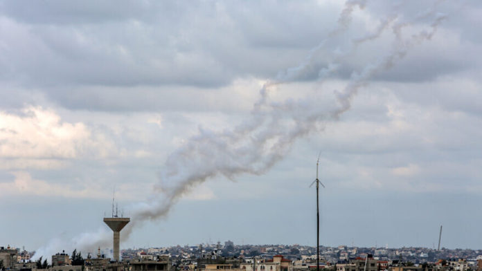 Rockets were launched towards southern Israel, as seen from Rafah in the Gaza Strip on Feb. 24, 2020 (Photo by Fadi Fahd/Flash90)