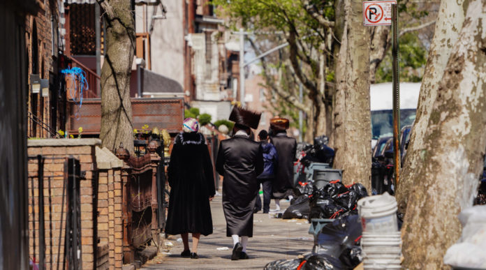 A view of orthodox jewish people during Passover in Williamsburg in Brooklyn New York USA during coronavirus pandemic on April 11, 2020. (Photo by John Nacion/NurPhoto via Getty Images)