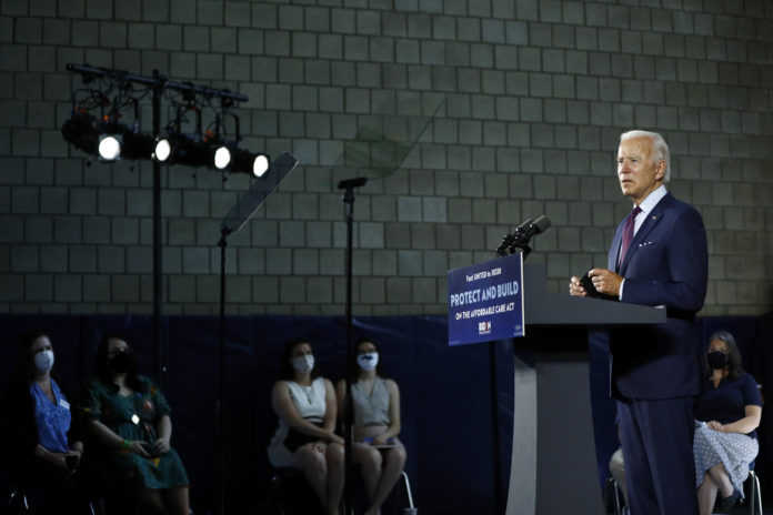 FILE - In this June 25, 2020, file photo Democratic presidential candidate, former Vice President Joe Biden speaks during an event in Lancaster, Pa. Biden and his leading supporters are stepping up warnings to Democrats to avoid becoming complacent. (AP Photo/Matt Slocum, File)