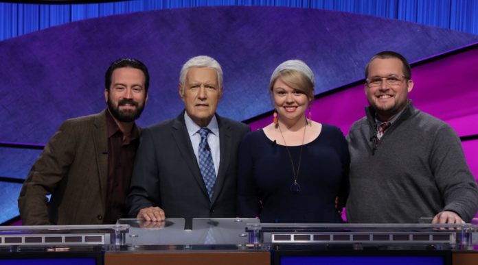 Meggie Kwait, a Jewish day school teacher from New York City, won $50,000 on the recent "Jeopardy!" educators tournament. She is seen with host Alex Trebek, second from left, and the other two finalists. (Courtesy of Jeopardy Productions Inc.)
