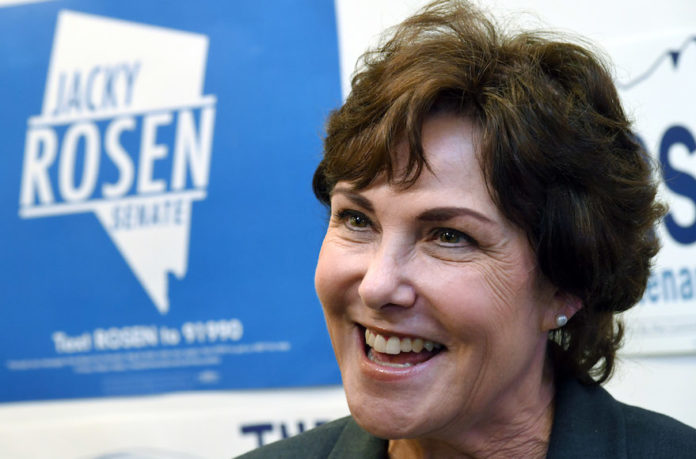 Senate candidate Jacky Rosen is interviewed after rallying supporters at a get-out-the-vote event at a Nevada State Democratic Party field office in Las Vegas, Nov. 4, 2018. (Ethan Miller/Getty Images)