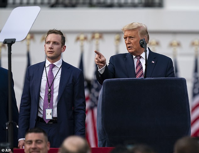 The 32-year old Max Miller (left) worked for President Donald Trump's (right) 2016 and 2020 campaigns and also in the White House's Presidential Personnel Office and then as director of advance (AP Photo)
